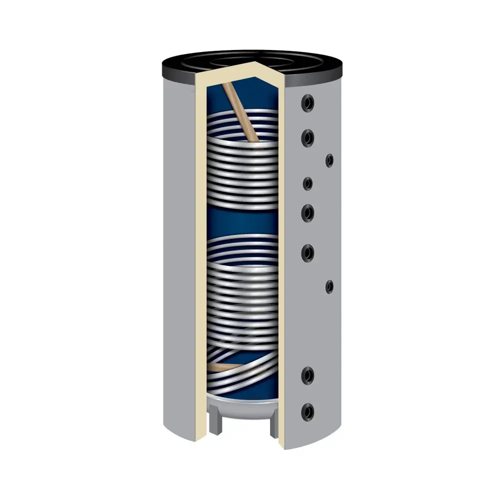 TWL Pufferspeicher mit zwei Wärmetauschern, zylindrischer Form, sichtbar gewickeltem Rohr im Inneren und mehreren Anschlüssen an der Seite.